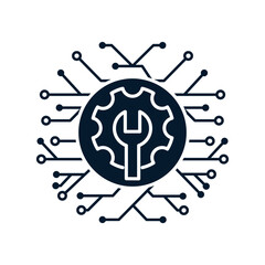 Wall Mural - microcircuit, wrench, gear. electronic technical analysis, control, settings.vector linear icon isol
