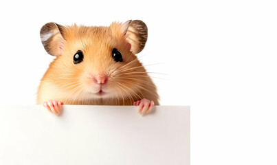 A cute hamster peeking over a white sign, ready for your message.