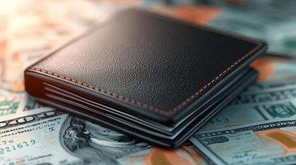 A sleek black wallet rests on a pile of dollar bills, symbolizing wealth and financial transactions.