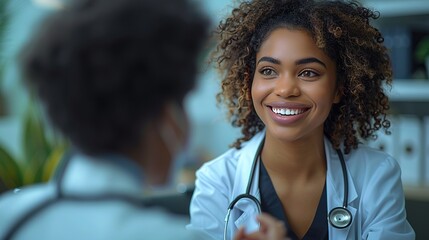 a smiling female doctor discusses treatment with her patient