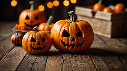 Pumpkin basket on old wood table, Halloween party concept