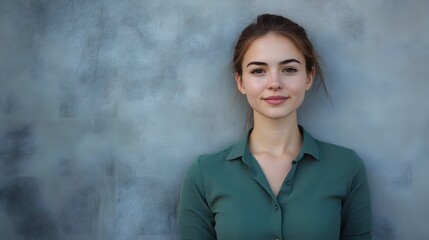 Wall Mural - A Young Woman in a Green Shirt Leans Against a Gray Wall