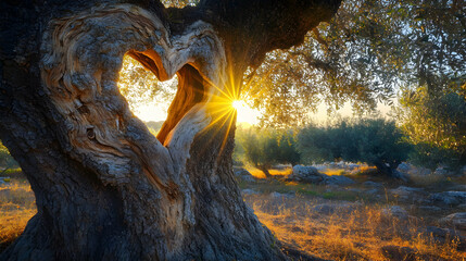 Sticker - A heart-shaped opening in the trunk of an old olive tree,  sun shining through.