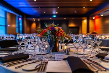 Elegant table setting with wine glasses and silverware, decorated with orange and purple flowers.