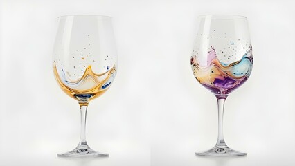 Two wine glasses with colorful liquid splashes in motion, creating a magical, artistic swirl of purple, orange and blue hues against neutral background. Perfect for celebration or drink-related themes