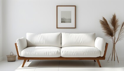 Canvas Print - Elegant white sofa with wooden legs set against a minimalist backdrop, ideal for highlighting home decor and artistic displays