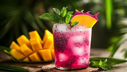 Wall Mural - Refreshing dragon fruit cocktail with mango and mint.