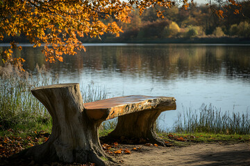 Sticker - A wooden bench made from a tree trunk sits by a lake in the autumn, leaves on the ground.