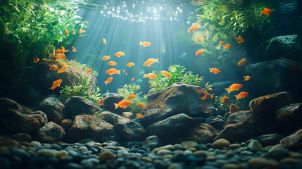 A peaceful underwater scene with a school of orange fish swimming through a tranquil freshwater aquarium.