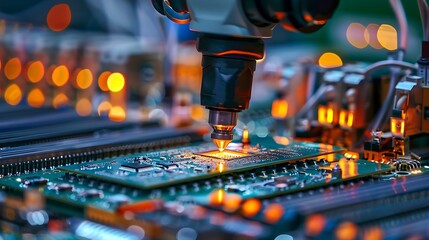 A close-up of a robotic arm assembling circuit boards with precision on an automated production line.