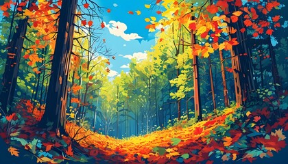 Wall Mural - Lush forest teeming with vibrant falling leaves under a bright blue sky