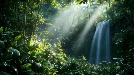 Wall Mural - Serene waterfall hidden in a lush rainforest, sunlight streaming through the canopy.