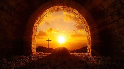 Wall Mural - Resurrection  Easter Sunrise  Stone Tomb  Cross  Heaven Gate  Spiritual  Faith