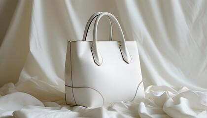 Elegant white leather handbag on soft fabric backdrop, embodying minimalist sophistication