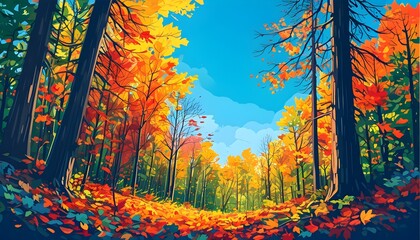 Wall Mural - Lush forest teeming with vibrant falling leaves under a bright blue sky