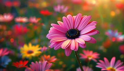 Canvas Print - Vibrant pink daisy blooms among colorful flowers, illuminated by a soft warm glow