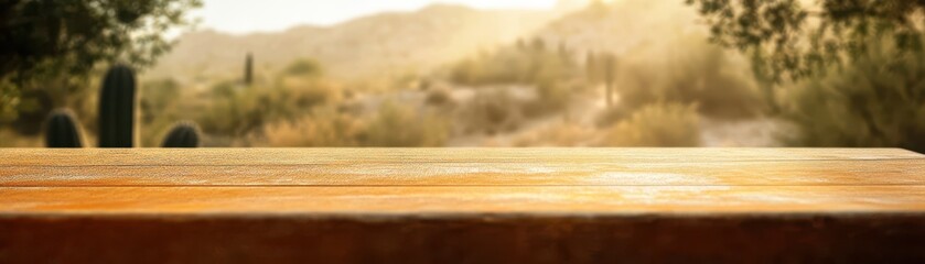 Macro view of an orange tabletop, blurred desert landscape with soft sunlight on cacti behind