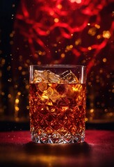 a glass of whiskey with ice and splashes. Golden sparkles background. ai generative