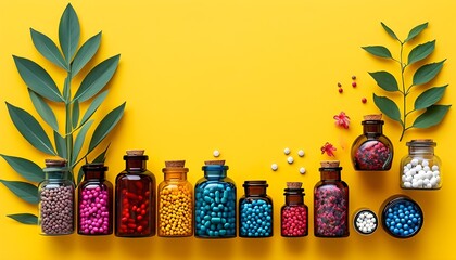 Wall Mural - Colorful Pills and Bottles in Modern Minimalist Arrangement on Bright Yellow Background