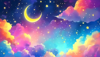 Wall Mural - Whimsical night sky with vibrant clouds, twinkling stars, and a crescent moon, perfect for inspiring dreams and fantasy adventures