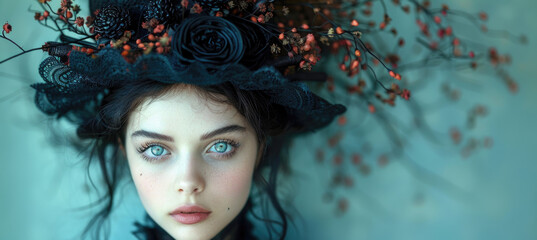 A captivating portrait of woman with striking blue eyes, adorned with black floral hat and intricate details. ethereal atmosphere evokes sense of mystery and elegance