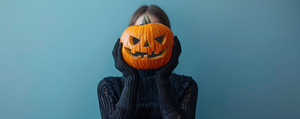 A person holds carved pumpkin in front of their face, showcasing playful Halloween spirit. vibrant orange pumpkin contrasts beautifully against cool blue background, creating festive atmosphere