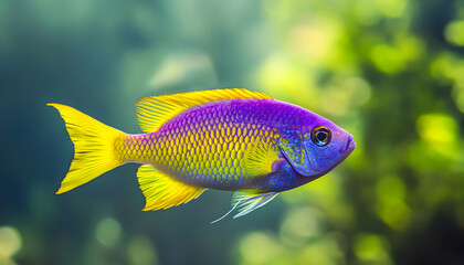 Vibrant purple and yellow fish with a blurred green background.