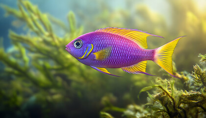 A vibrant purple and yellow fish with a yellow tail fin swims through green algae.