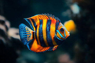 A vibrant, colorful tropical fish with orange, blue, and yellow stripes swimming in a dark blue, clear water aquarium.