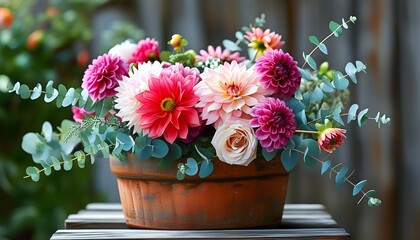 Wall Mural - Vibrant bouquet of colorful roses, dahlias, and eucalyptus in a charming rustic pot