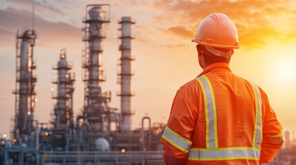 A worker in safety gear observes a refinery at sunset, highlighting industrial challenges and safety in the energy sector.