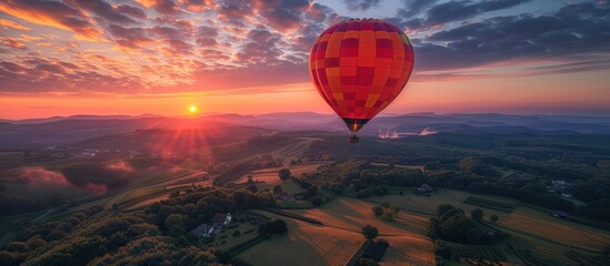 Wall Mural - Hot Air Balloon Soaring Over Rural Landscape at Sunset