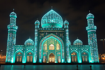 Wall Mural - Illuminated Mosque at Night - Stunning Islamic Architecture with Glowing Lights - Ornate Domes and Minarets - Religious Landmark and Cultural Symbol