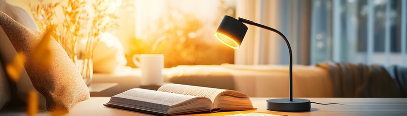 Canvas Print - Open Book with Desk Lamp and Warm Sunlight.