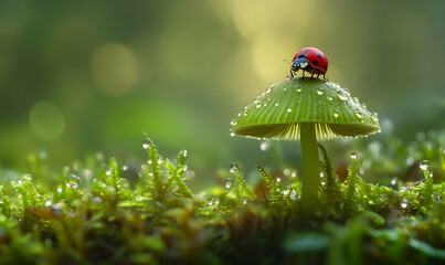 Sticker - A ladybug perched on a dew-covered mushroom in a lush forest.