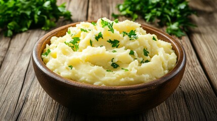 Wall Mural - mashed potatoes on a wooden table, front view shot, 16:9