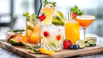 Canvas Print - Variety of summer cocktails on wooden tray.