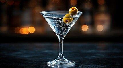 Martini glass with olive garnish, plain black background