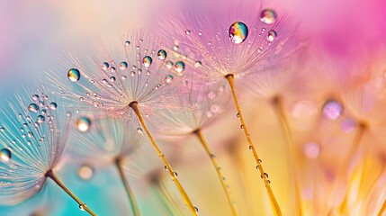 Wall Mural - Colorfully composed macro photo of water droplets on dandelion seeds