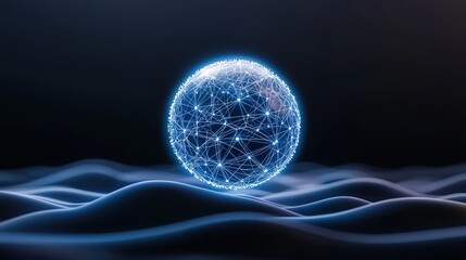 Wall Mural - Abstract Glowing Sphere with Network Connections over Wavy Surface