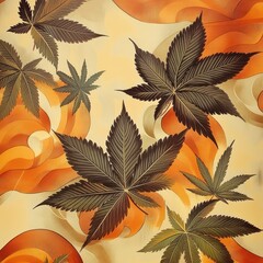 Stylized Cannabis Leaves on an Abstract Orange and Beige Background