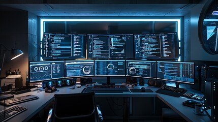 A minimalist workspace with a futuristic computer setup, multiple monitors displaying coding interfaces.