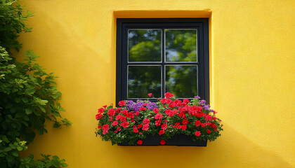 A bright yellow wall with a black window and a window box full of colorful flowers.