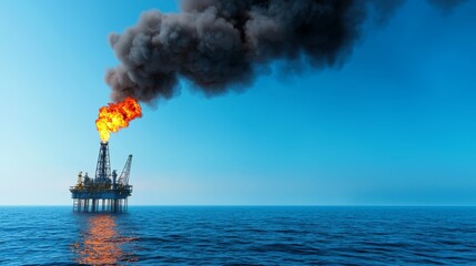 An offshore oil rig emits smoke and flames, highlighting environmental hazards associated with fossil fuel extraction in the ocean.