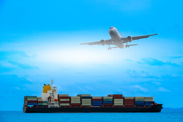 aerial view of the freight shipping transport system cargo ship container. international transportat