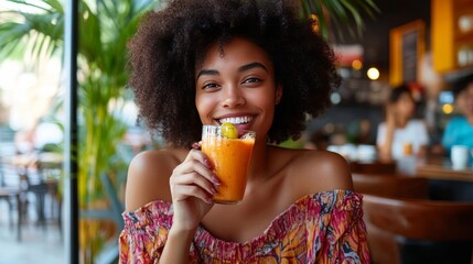 Lady drinking smoothie and eating dessert in cafe.