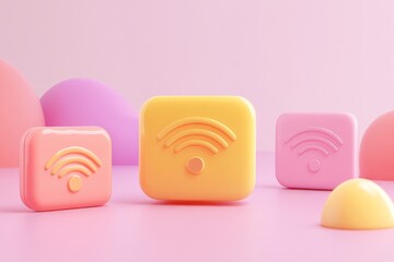 Wall Mural - 3D Rendering of Wireless Signal Icons in Pastel Colors.