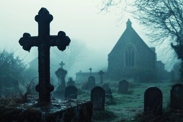 Poster - A Stone Cross Stands in a Foggy Graveyard Before a Church