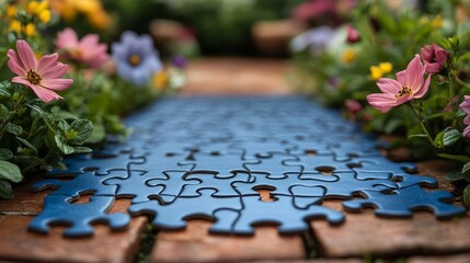 Blue Puzzle Pieces in a Garden Path