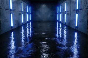 Poster - Futuristic underwater hallway with glowing blue lights